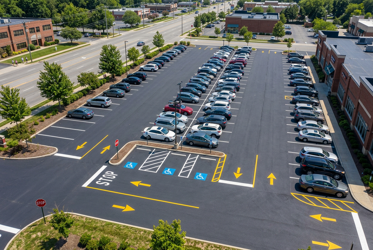 Parking Lot with Arrows and Stop Sign