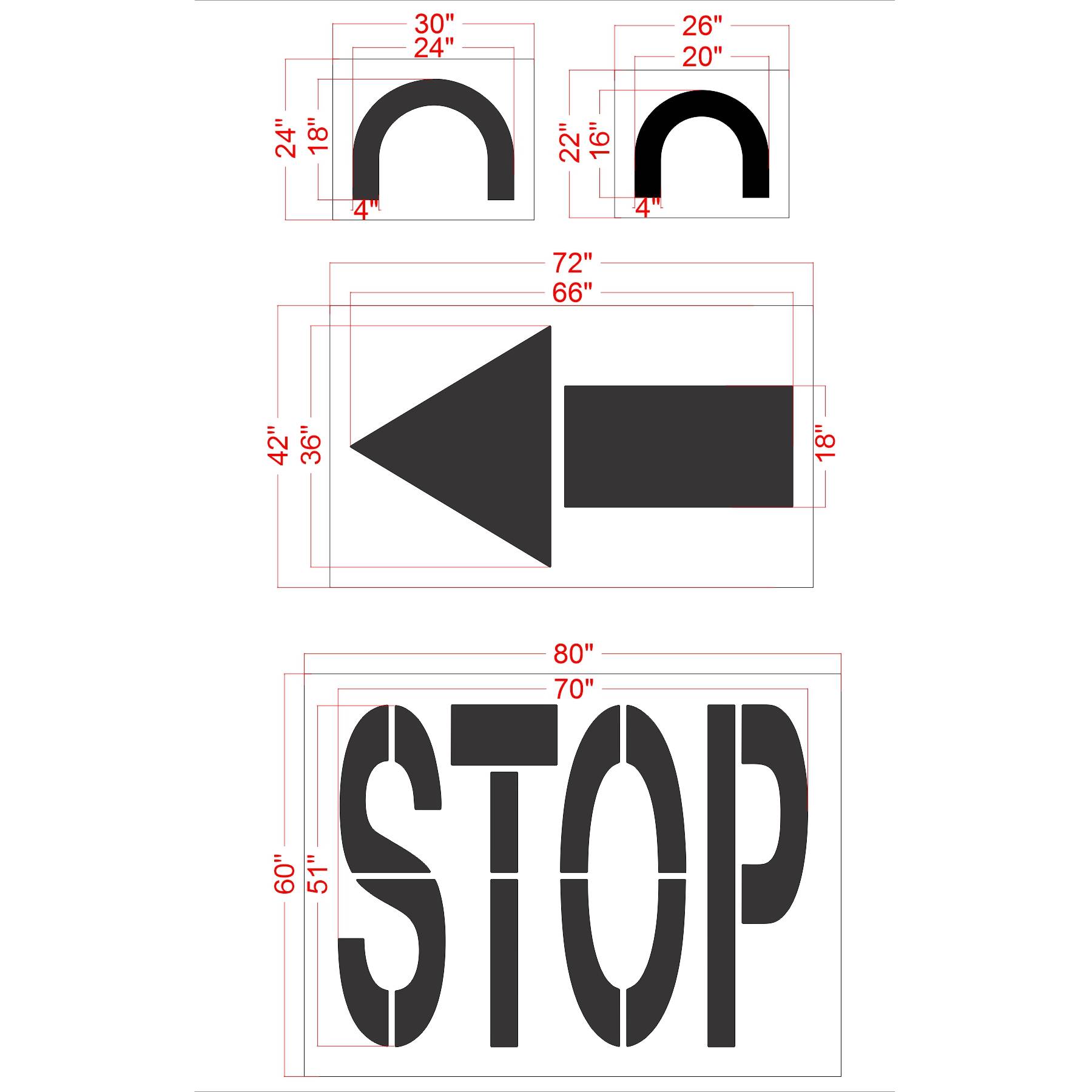 4 piece Costco stencil kit for retail parking lot and commercial pavement marking applications