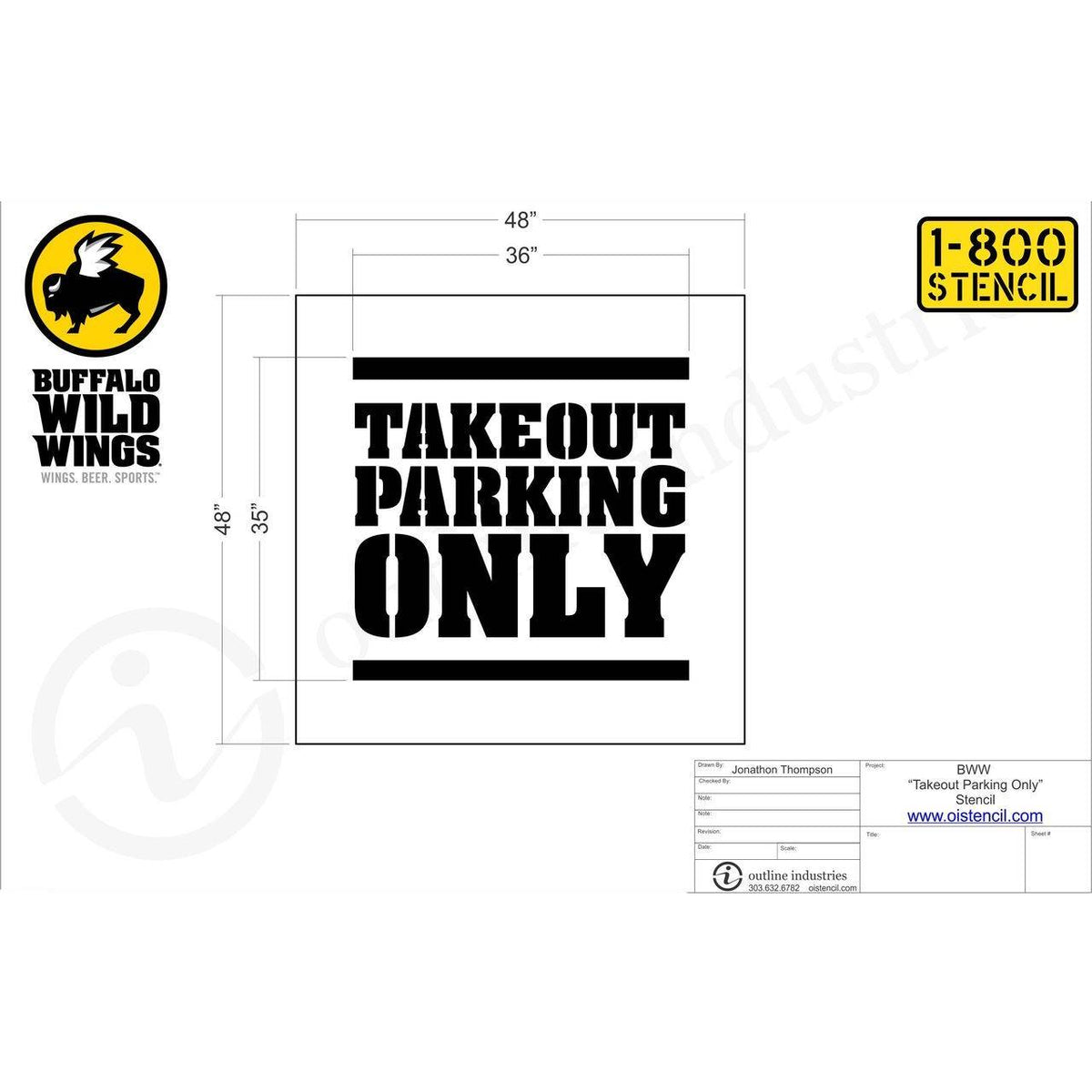 35 inch Buffalo Wild Wings Takeout Parking Only pavement marking stencil for restaurant curbside pickup and parking lot striping applications