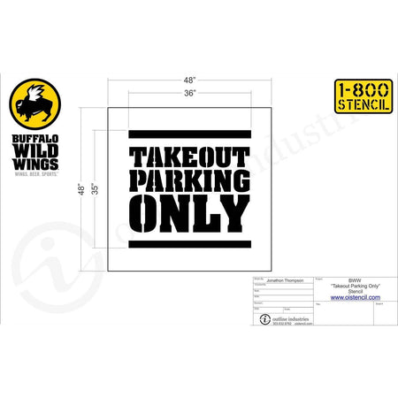 35 inch Buffalo Wild Wings Takeout Parking Only pavement marking stencil for restaurant curbside pickup and parking lot striping applications