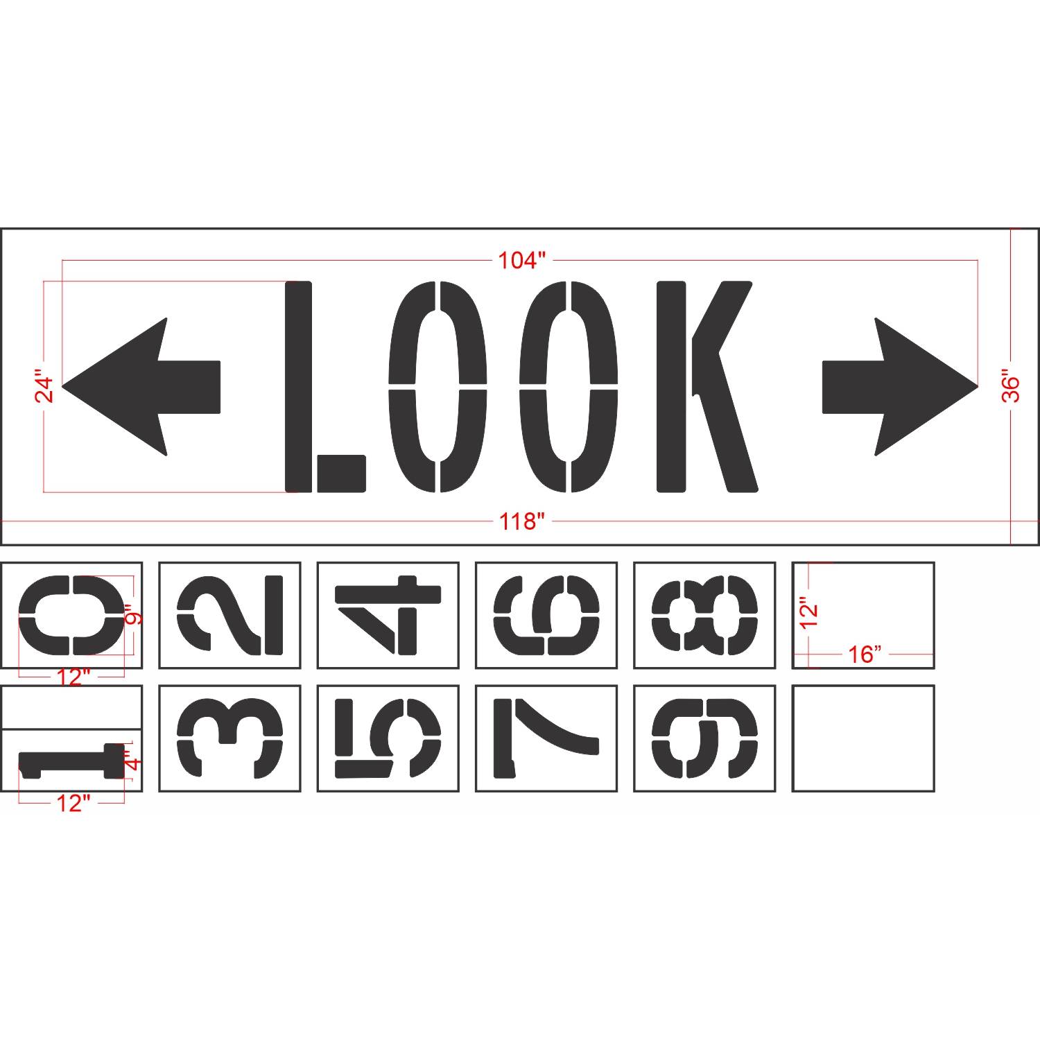 dimension of 24-inch Chicago DOT LOOK with arrows pavement marking stencil for pedestrian safety warning