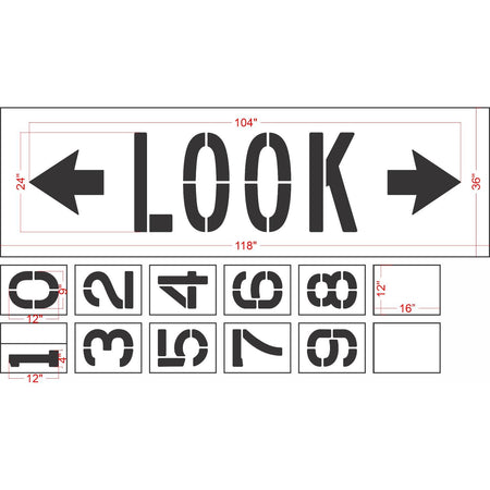 dimension of 24-inch Chicago DOT LOOK with arrows pavement marking stencil for pedestrian safety warning