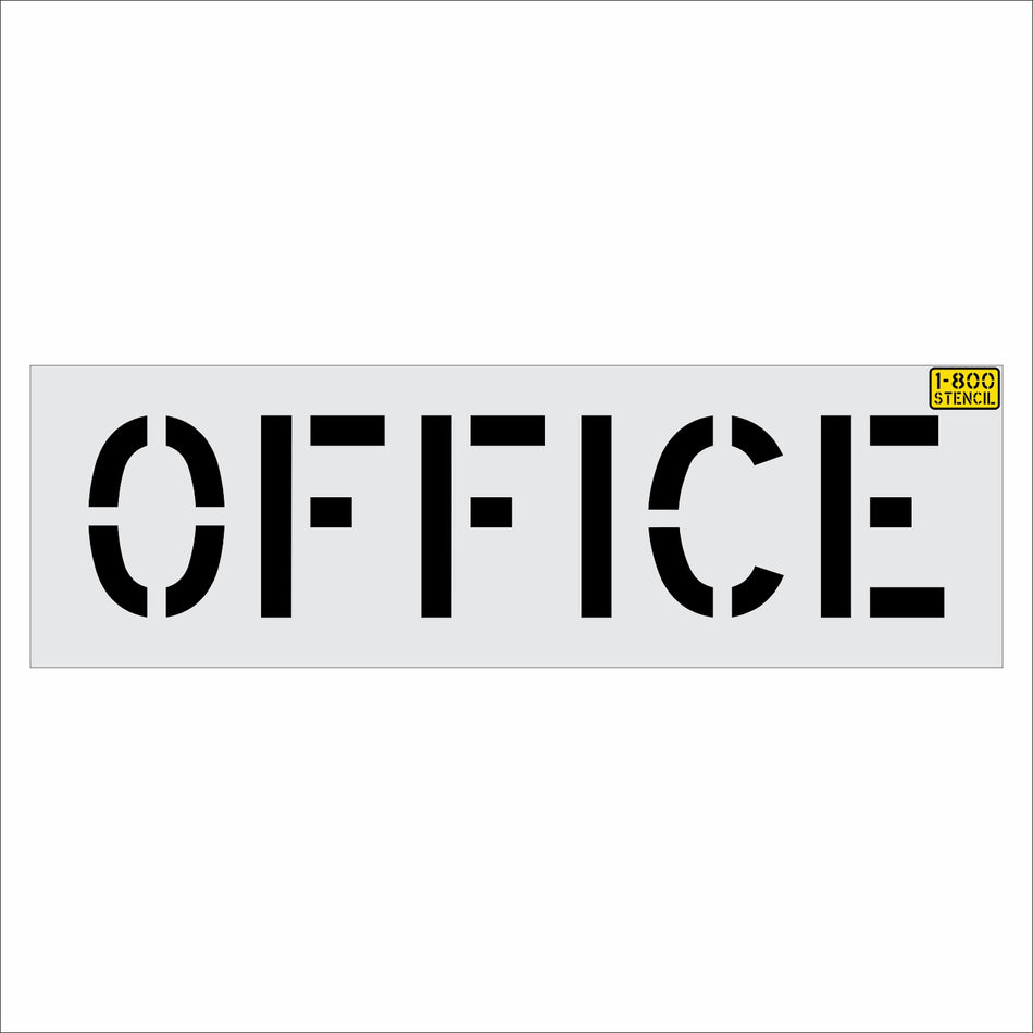 A stencil-style sign reading "OFFICE" in bold black letters on a light gray rectangular panel, with a small yellow I-800 Stencil logo in the top-right corner of the panel.