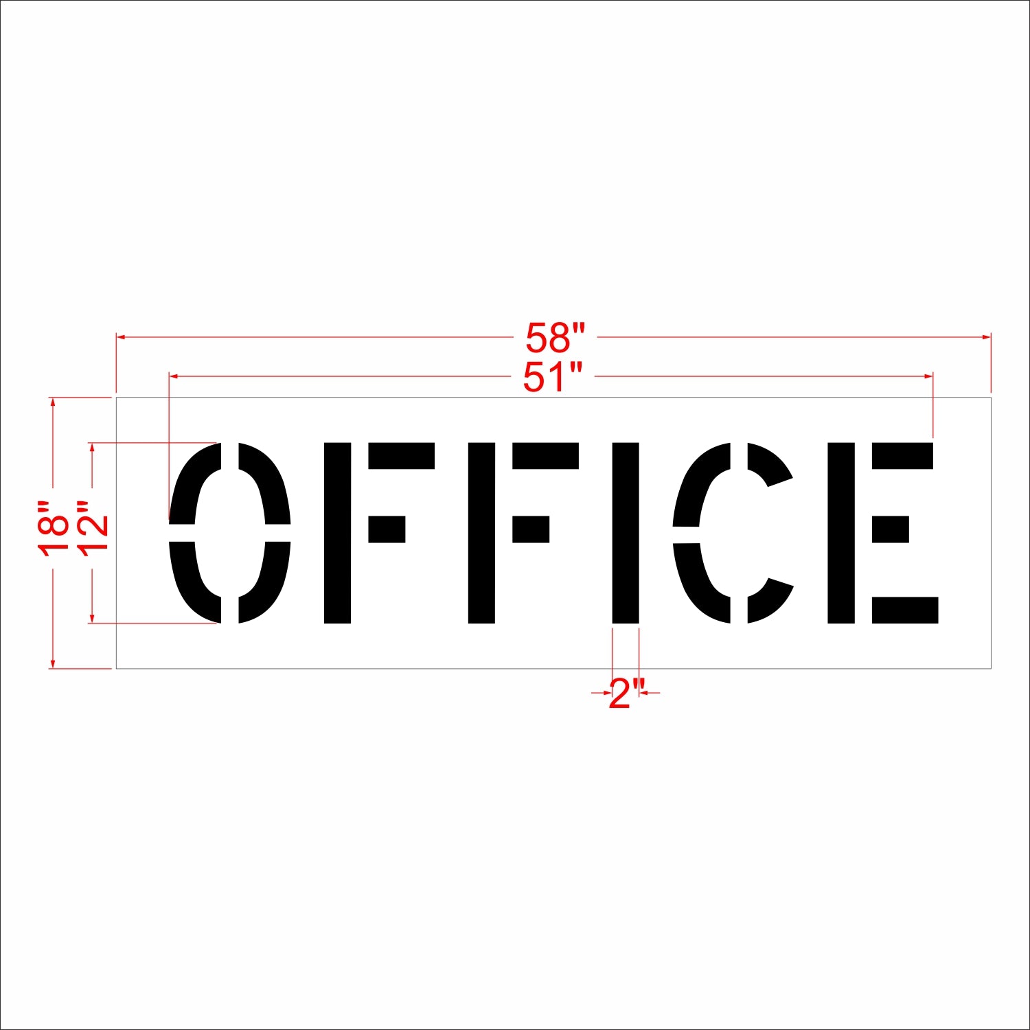 Stencil-style 'OFFICE' sign shown with red dimension lines and measurements on a white background.