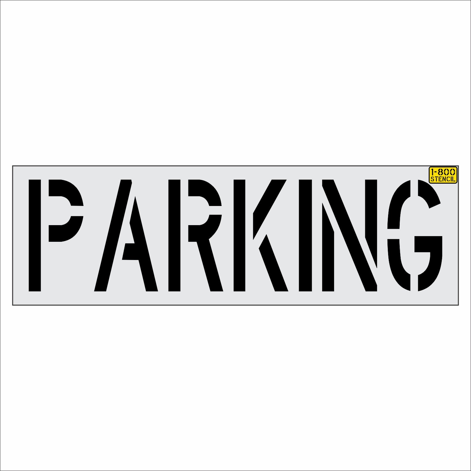 A rectangular white sign with the word PARKING in large black stencil-style letters, plus a small yellow Pico Street brand label in the top-right corner of the sign.