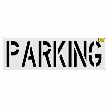 A rectangular white sign with the word PARKING in large black stencil-style letters, plus a small yellow Pico Street brand label in the top-right corner of the sign.