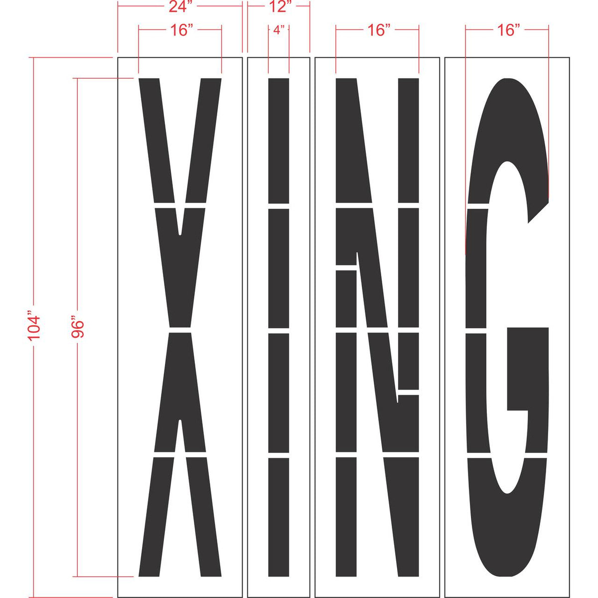 96 inch X ING stencil for roadway and pedestrian crossing pavement marking applications