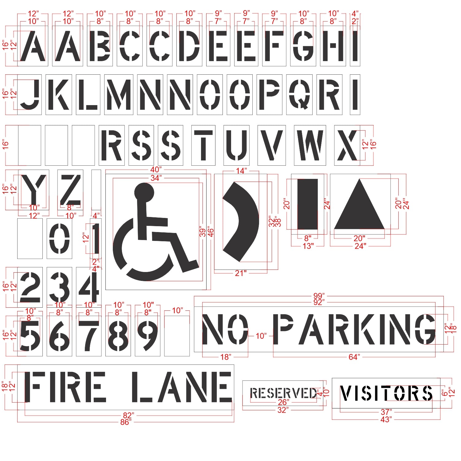 73 piece premium stencil set for complete parking lot pavement marking and traffic control applications