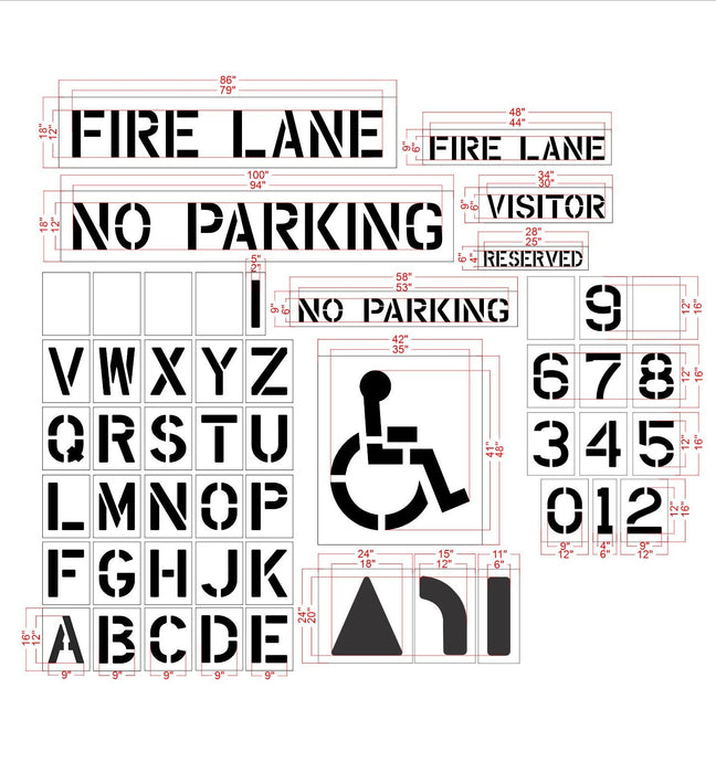 Commercial Stencil Set for Parking Lot Pavement Markings - (52-pc)