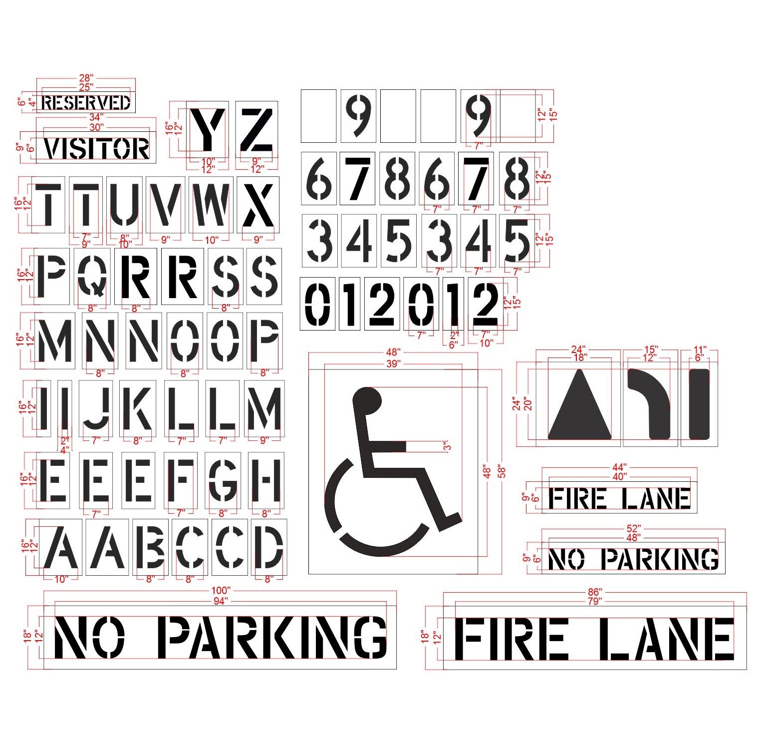 Premium Stencil Set for Parking Lot Pavement Markings (73pc) 1800
