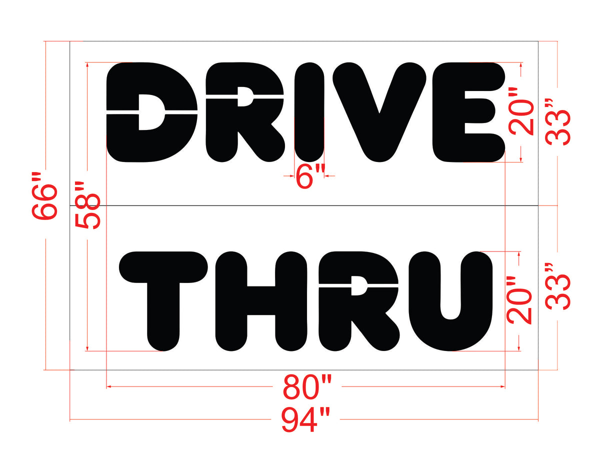 Dimensions of 'Drive Thru' text with measurements in inches.