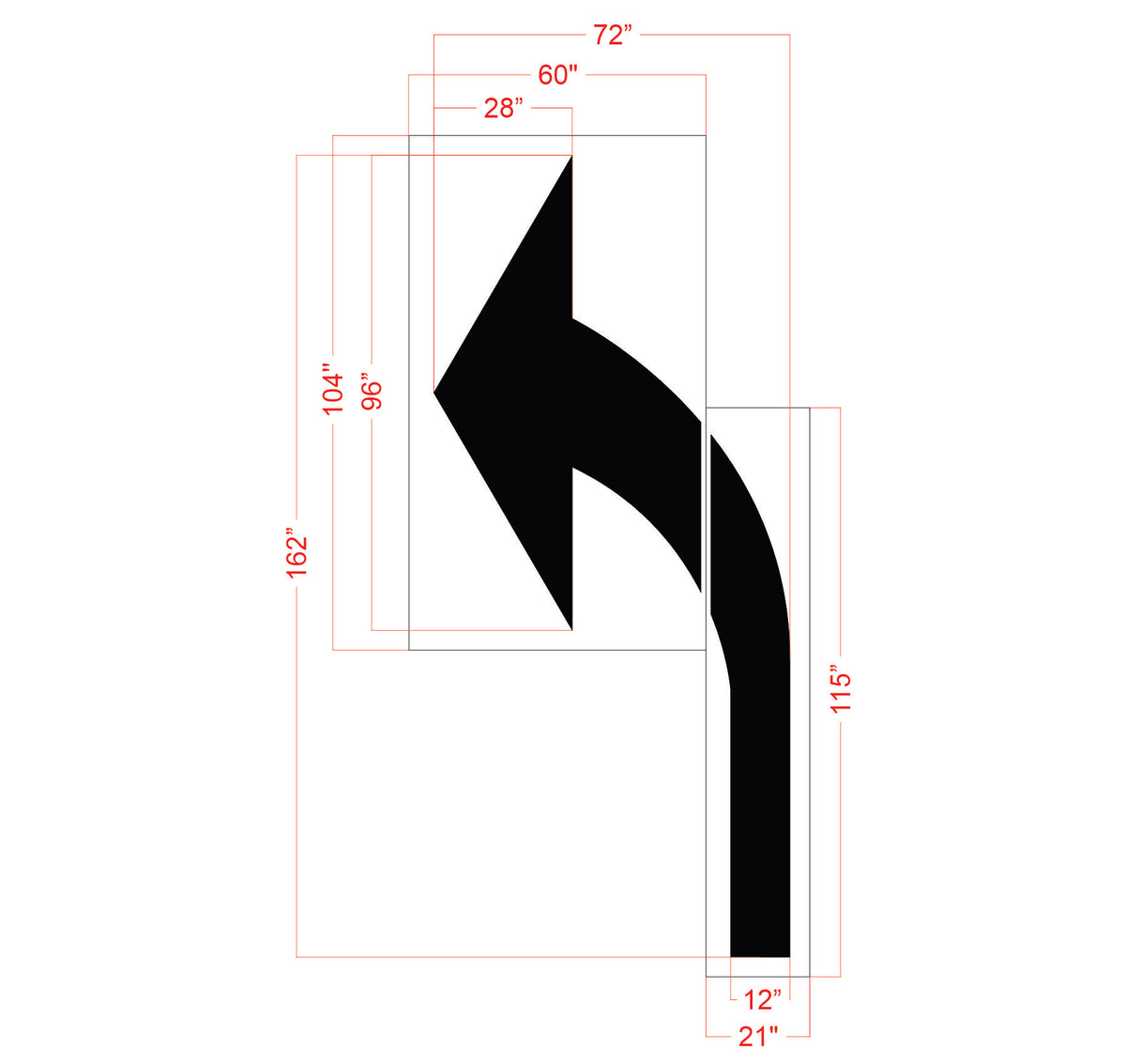 Black left-turn traffic sign with measurements on a white background