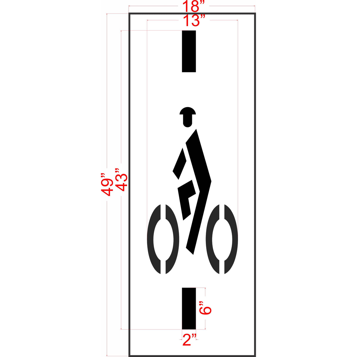 Dimensions of 43-inch Wisconsin DOT bike rider with dash pavement marking stencil for bicycle lane guidance