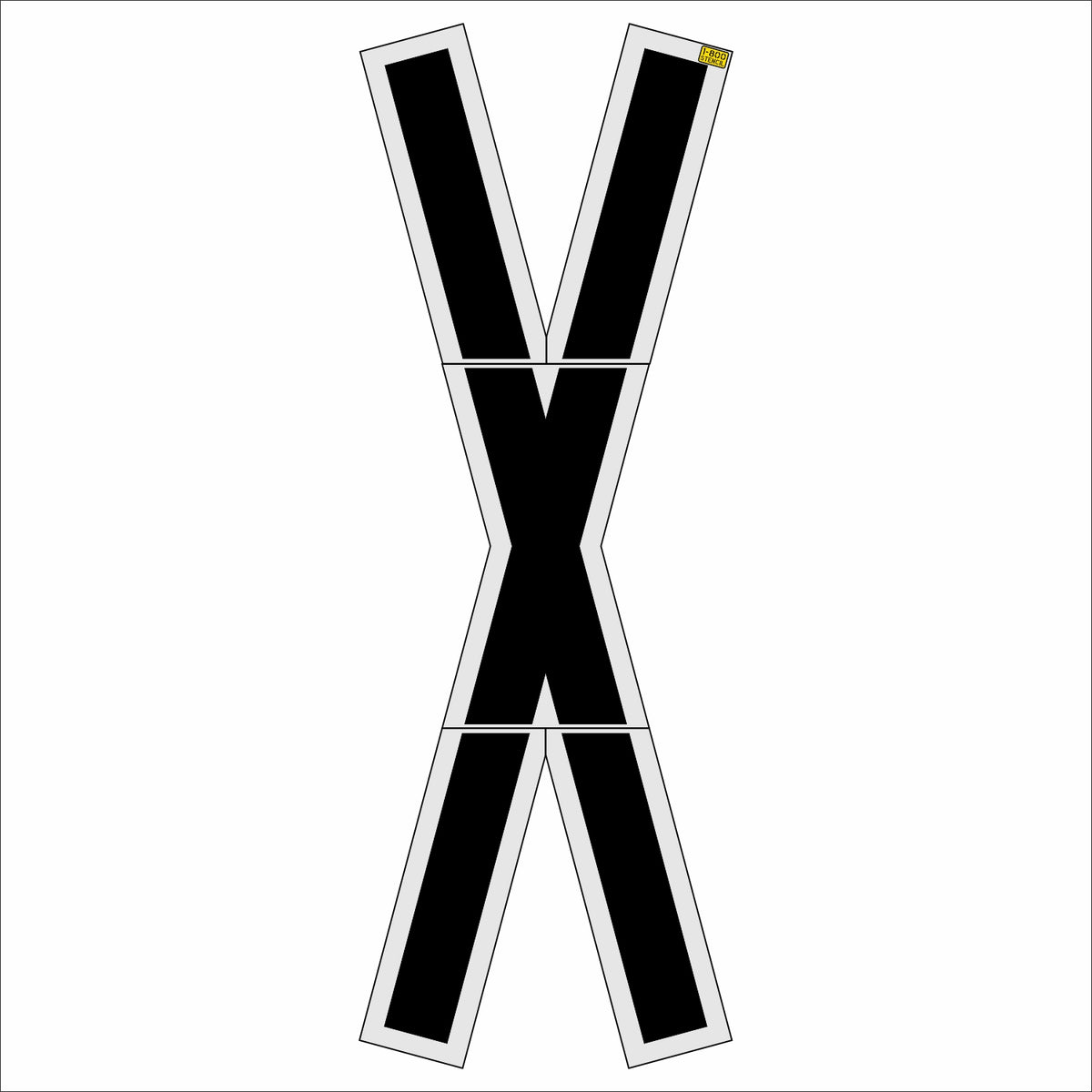A black and white letter 'X' decal or patch with a small yellow accent at the top right corner, shown on a plain white background.