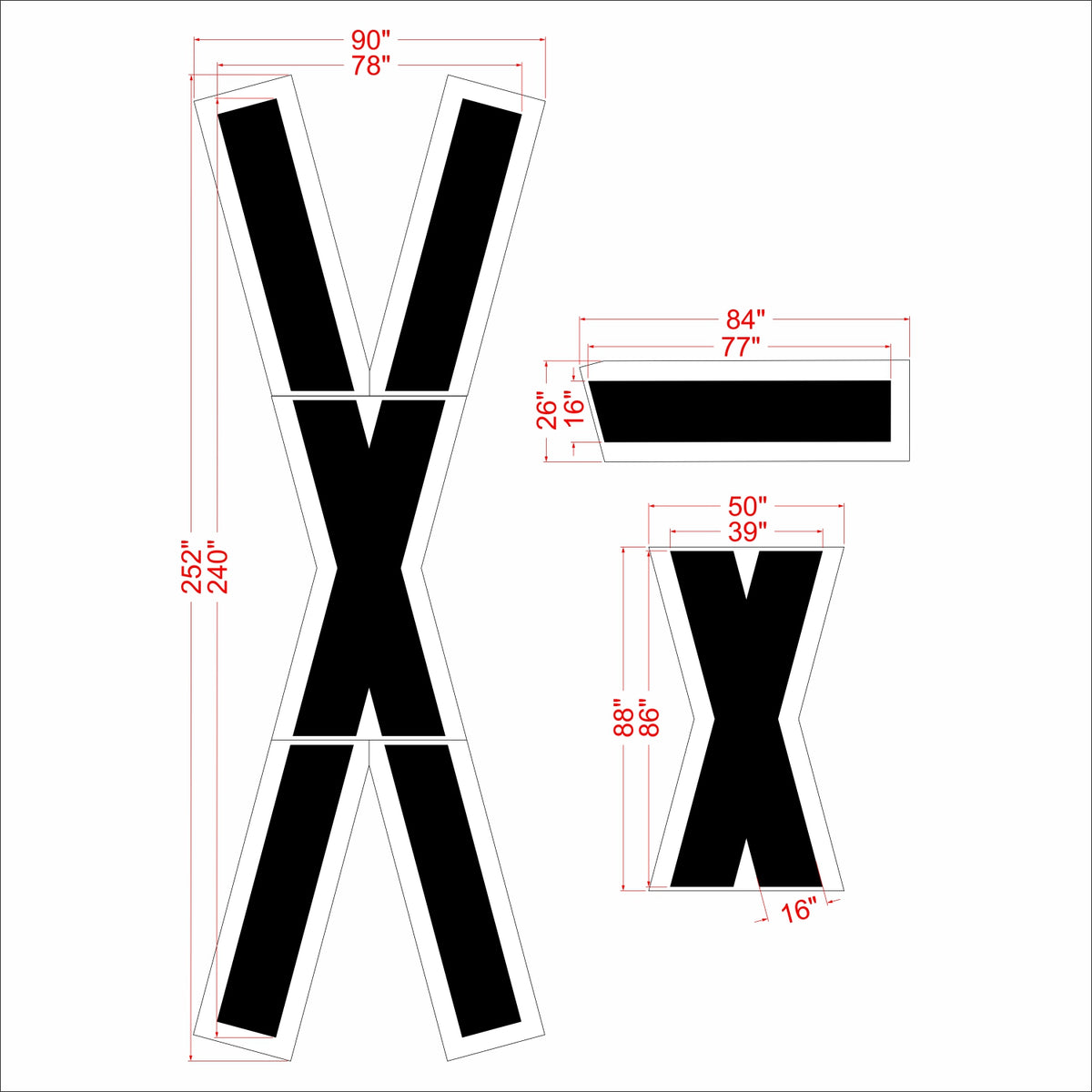 Black metal letter X decal sheet with red dimension lines and measurements showing two sizes of the X shape on a white background.