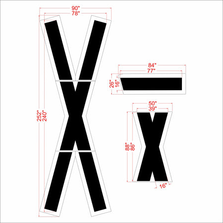 Black metal letter X decal sheet with red dimension lines and measurements showing two sizes of the X shape on a white background.