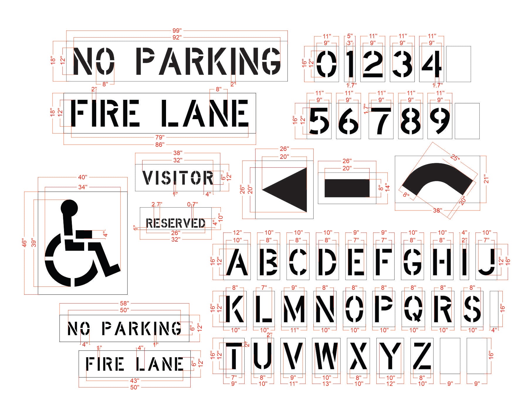 Commercial Stencil for Parking Lot Pavement Markings - (52-pc) - High-quality stencil for pavement marking, durable and reusable