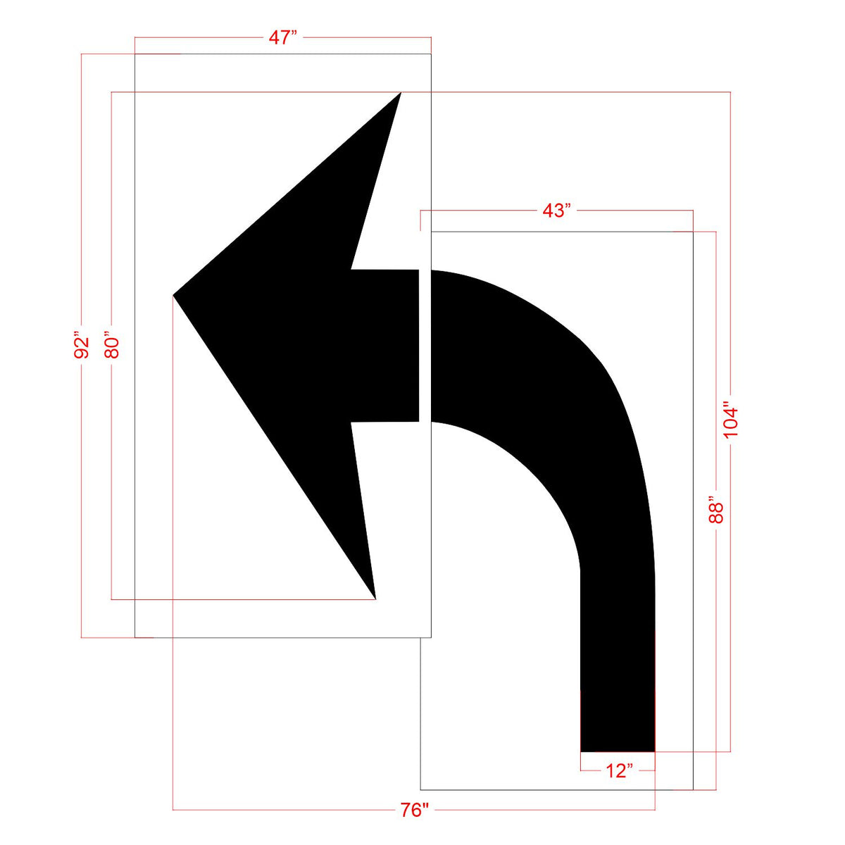 dimensions of 104-inch South Carolina DOT no-bridging 2-piece turn arrow pavement marking stencil for roadway directional guidance