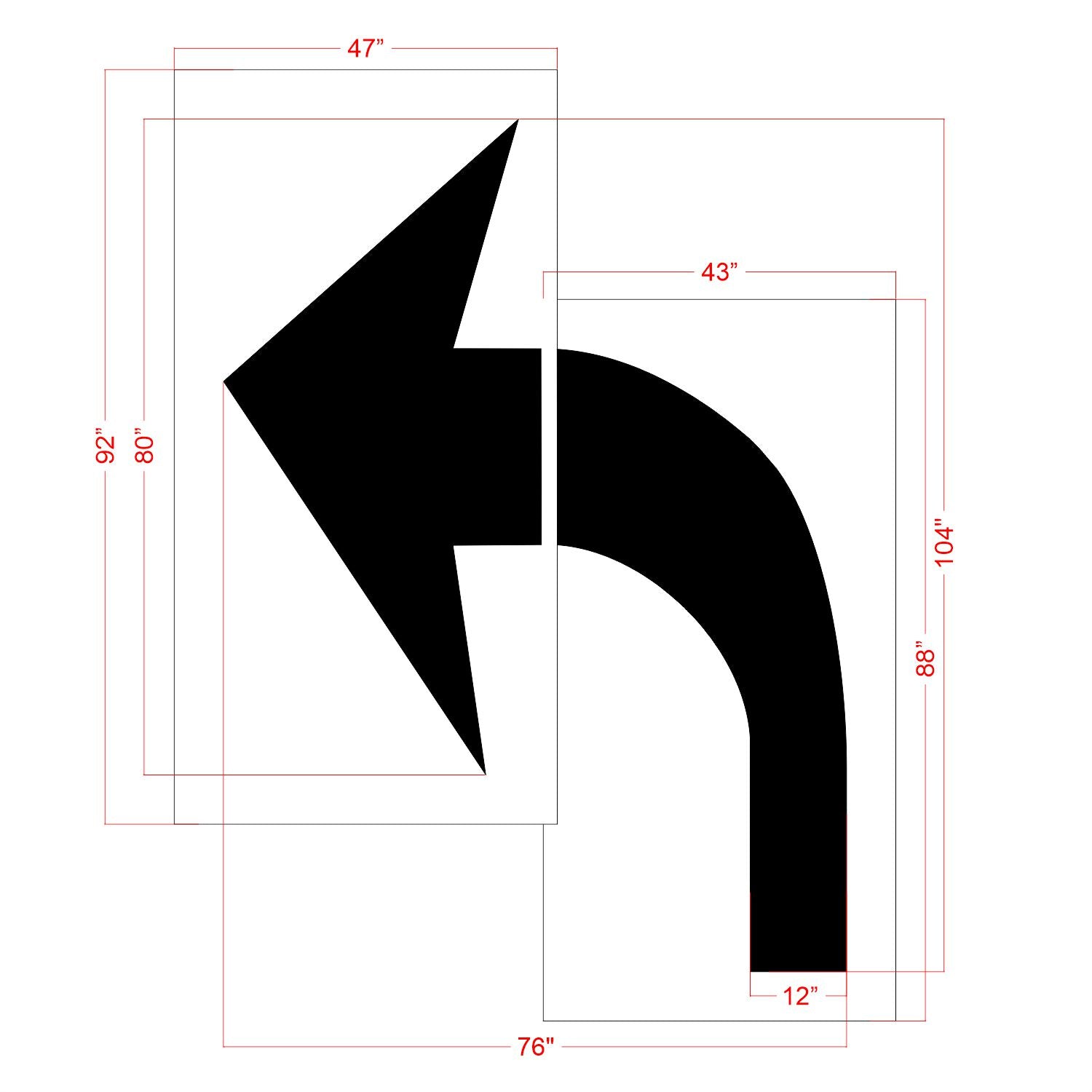 dimensions of 104-inch South Carolina DOT no-bridging 2-piece turn arrow pavement marking stencil for roadway directional guidance